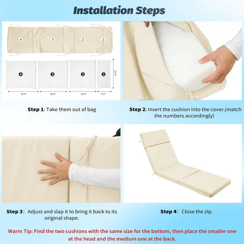 Installation steps for Outdoor Chaise Lounge Cushions 72 Inch By 21 Inch By 3 Inch Four Section Folding Design with ties.