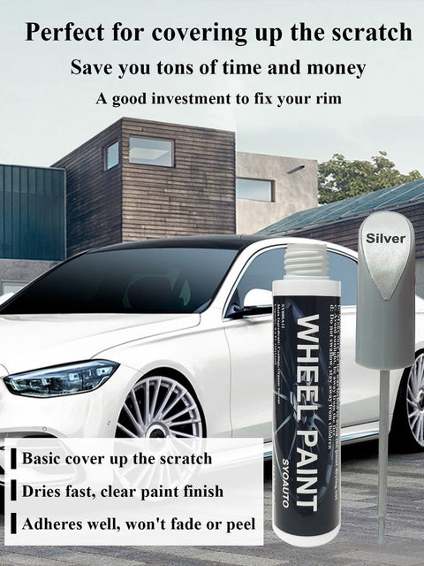 Silver Rim Touch Up Paint Pen For Wheels And Car Rims Scratch Repair Kit showcased beside a silver vehicle.