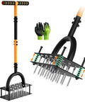Manual Lawn Aerator With 16 Sharp Spikes For Deep Soil Penetration In A 4 By 4 Grid, orange handle, self ejecting soil, gloves shown