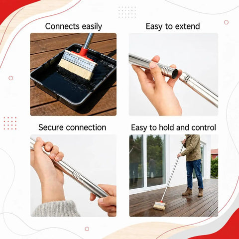 6 Inch Deck Stain Brush With 77 Inch Extendable Handle And 3 Inch Paint Brush Set demonstrating easy connection and control