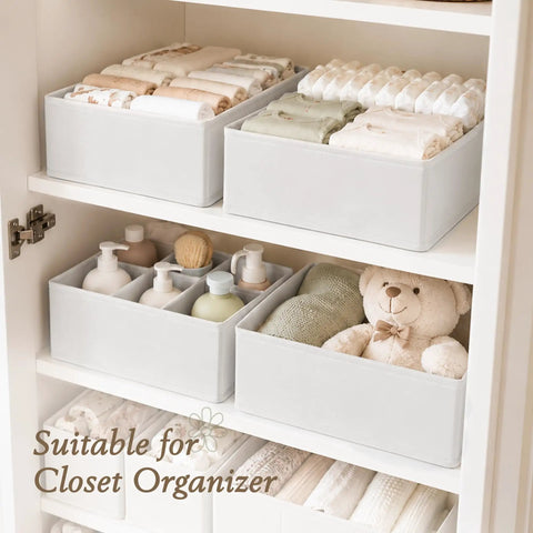 Slick 18 Piece Drawer Divider Kit Made From Tough As Nails Non Woven Fabric organizing baby clothes and toiletries in a closet.
