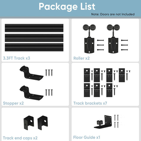 Outdoor Heavy Duty Exterior Barn Door Hardware Kit With Box Rail System components package including tracks, rollers, stoppers, and brackets.