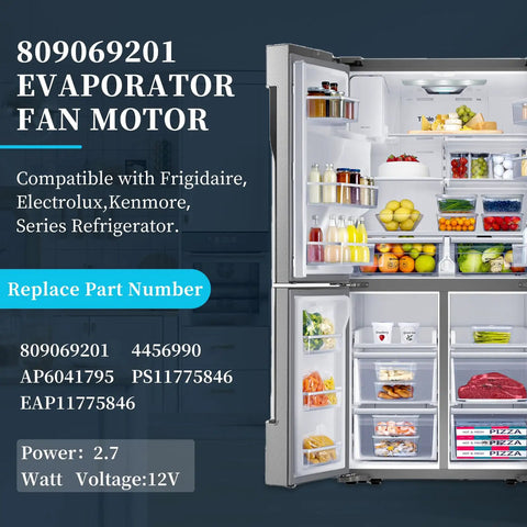 Open refrigerator showcasing the 809069201 evaporator fan motor compatible with Frigidaire, Kenmore models for even cooling.