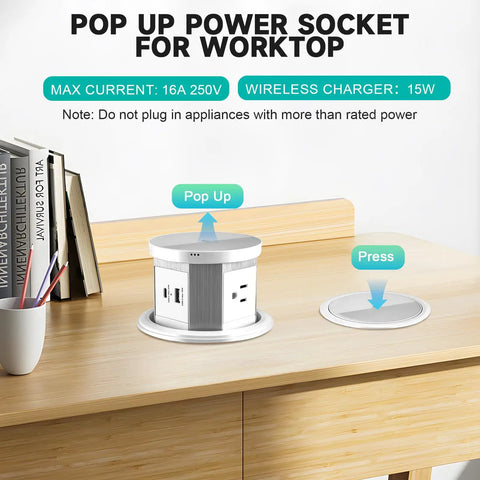 Splash Resistant Pop Up Countertop Outlet With 15W Wireless Charger And Dual USB Ports For Instant Plug And Play Setup Three Grounded Ac Outlets No Sweat Home Kitchen Upgrade White on wooden table.