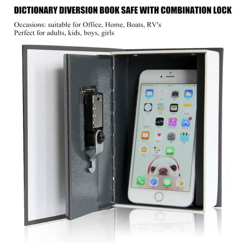 Hidden Book Safe With Combination Lock Small Black Metal Safe Box open showing interior with phone for home or office use
