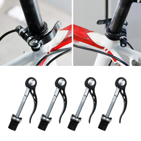 4 Pack M6x65 Quick Release Bike Seat Post Clamps for Mountain Bikes and Folding Bicycles showing tool-free adjustment.