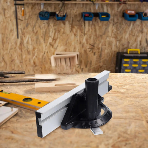Heavy Duty Aluminum Alloy Table Saw Miter Gauge With Dead Straight Accuracy And Smooth Telescoping Arms For Rock Solid Cut Line Alignment And No Fuss DIY Woodworking on a woodworking table.