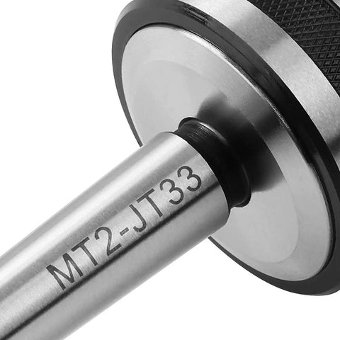 Close-up of MT2 Drill Chuck For Lathe With JT33 Morse Taper Two Arbor And Chuck Key One Thirty Second To Five Eighth Inch Capacity
