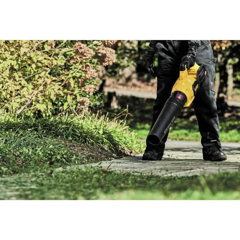 Person using 60V Max FlexVolt Cordless Handheld Leaf Blower 125 MPH Air Speed 600 CFM Airflow Tool on garden path