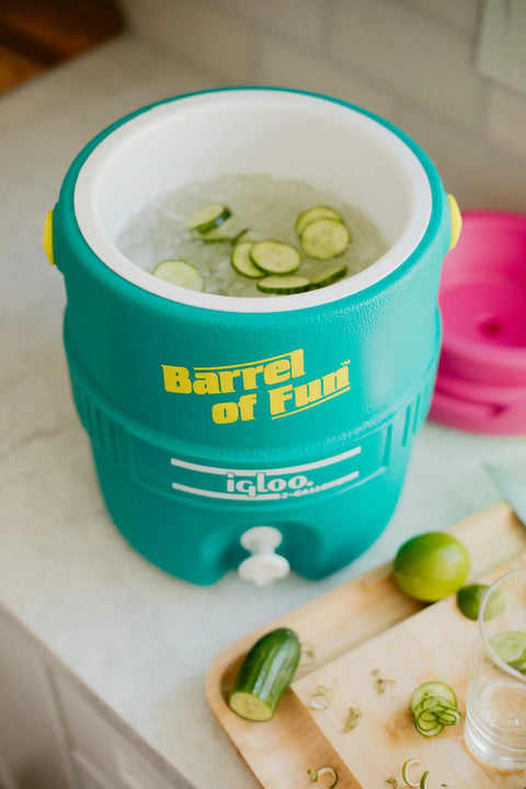 Retro 2 Gallon Party Water Jug Cooler Jade Finish With Eco Friendly THERMECOOL Foam Insulation, BPA Free, on counter