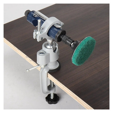 No Hassle 360 Degree Swivel Tool Holder Bracket And Table Vise Stand Built From Iron Tough Aluminum Alloy securing a drill on a workbench.