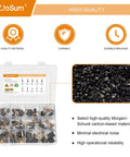 60 Pack Carbon Brushes Set For Power Tools Must Have 10 Size Assortment In Plastic Storage Box Replacement Parts For Electric Hammer Drills, Angle Grinders, Circular Table Saws And More, with close-up view of brushes, durability features highlighted.