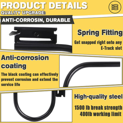 Beefed Up E Track J Hooks 10 Pack 0.5 Inch Solid Steel 1500 Pound Load, anti-corrosion coating, spring fitting detail