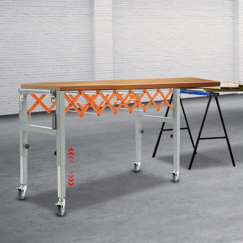 Heavy Duty Adjustable Gravity Roller Table With Rolling Caster Wheels Expandable Extendable Conveyor Belt For Moving Heavy Loads Easy Folding Storage with orange support.