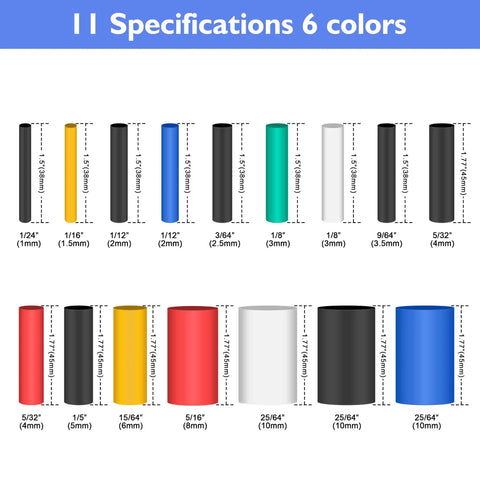Top Tier 580 Piece Heat Shrink Tubing Kit with 6 Vibrant Colors And 11 Sizes For Ultimate Wire Repair, Cable Protection, And Harness Management In All Your DIY Gear And Professional Auto Fix Ups Today. size chart of 11 polyolefin tubes