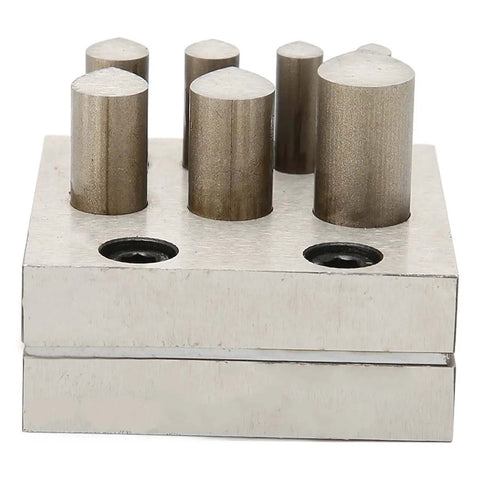 Pro Grade Disc Cutter Set For Jewelry Making, 7 size punch die plates with flat bottom, close-up view of metal cutting tool.
