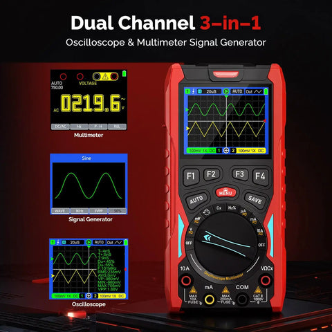 70MHz Dual Channel Handheld Oscilloscope And 3 In 1 Digital Multimeter With Signal Generator Pro Grade Performance displayed
