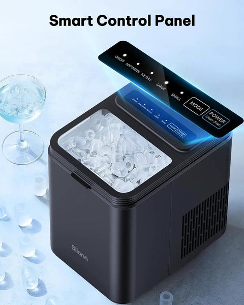 Smart control panel of Self Cleaning Countertop Ice Maker Slams Out Bullet Ice In Six Minutes, showing ice and settings.