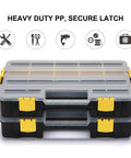 Stackable Plastic Toolbox Organizer Set of 2 with interlocking design, clear lids, and compartments for screws, nails, hardware.