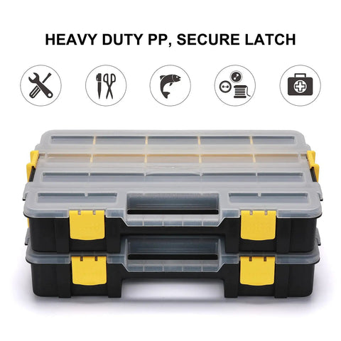 Stackable Plastic Toolbox Organizer Set of 2 with interlocking design, clear lids, and compartments for screws, nails, hardware.