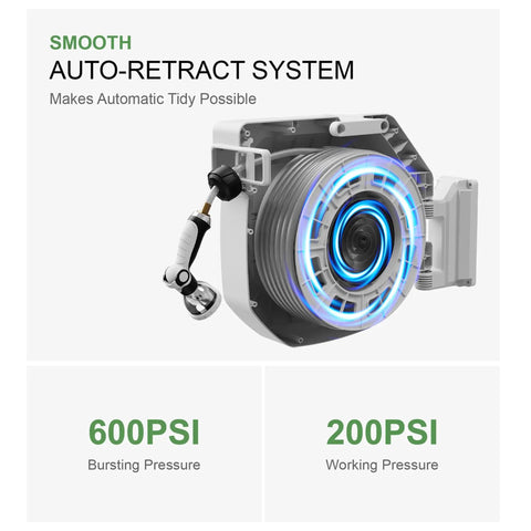Five Eighth Inch By One Hundred Foot Heavy Duty Retractable Garden Hose Reel With Wall Mount and Self Rewind System