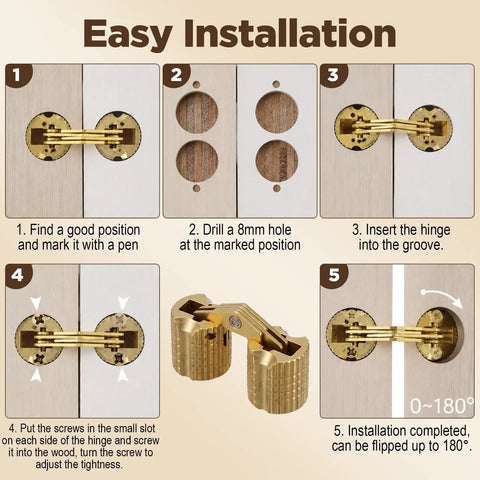 Installation steps for Brass Hidden Barrel Hinges Set For Cabinets And Jewelry Boxes, 4 Pcs 8mm Concealed Furniture Hinges