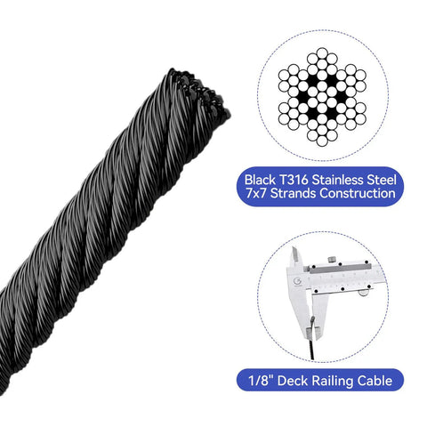 Pro Grade Black Stainless Steel Cable Railing For Outdoor Decks Features Slick 1/8 Inch 7X7 Strand Wire for railings.