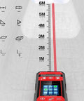 Slick Big Time Portable Wall Scanner And Rechargeable Stud Finder With Laser Marking Digital Angle Gauge and Sharp Color Display measuring distances on a wall.