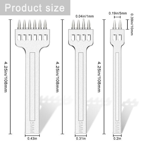 Dimensions of 5mm Leather Hole Punch Tool Set With 2 4 6 Prong Tooth, circular cut lacing punches displayed