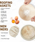 Hands holding 9 Inch Round Sourdough Bread Proofing Basket And Complete Starter Kit beside linen liner and eggs on white surface.