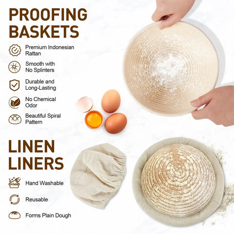 Hands holding 9 Inch Round Sourdough Bread Proofing Basket And Complete Starter Kit beside linen liner and eggs on white surface.