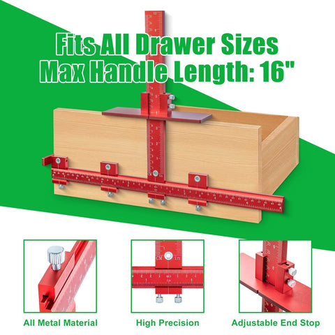 Built Tough Aluminum Cabinet Handle Jig For Precise Drawer Pull Installations With 50 Percent Thicker Frame And Dual Screw Lock Drill Guide Template Tool For Fast Accurate Drawer Knob Holes And Alignment showing 16-inch range, CNC precision