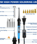 Heavy Duty Soldering Iron Kit With Heat Set Insert Tool 80W 110V LCD Digital Temperature Control 16 In 1 Soldering Kit Includes Iron Tips And Heat Set Inserts 180C To 500C 356F To 932F Adjustable For Precision Projects Blue with labeled parts and accessories.