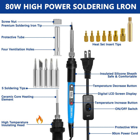 Heavy Duty Soldering Iron Kit With Heat Set Insert Tool 80W 110V LCD Digital Temperature Control 16 In 1 Soldering Kit Includes Iron Tips And Heat Set Inserts 180C To 500C 356F To 932F Adjustable For Precision Projects Blue with labeled parts and accessories.