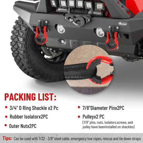 Heavy Duty 3/4 Inch D Ring Shackle With Upgraded Snatch Blocks For Off Road Recovery And Tow Winching, 28.5 Ton Break Strength, 2 Pack Red Fits 7/8 Screw Pin, Works With 7/32-3/8 Inch Steel Cable on Jeep bumper