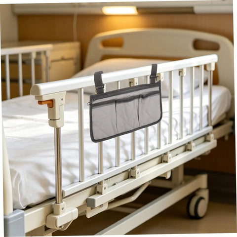 Bed Rail Organizer With 4 Pockets And Cup Holder attached to hospital bed, gray with dark trim, universal bedside caddy