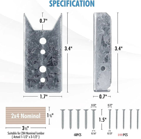 Specifications of Heavy Duty Galvanized Fence Bracket Kit 20 Pack For 2x4 Wood Rails and 140 Stainless Steel Screws