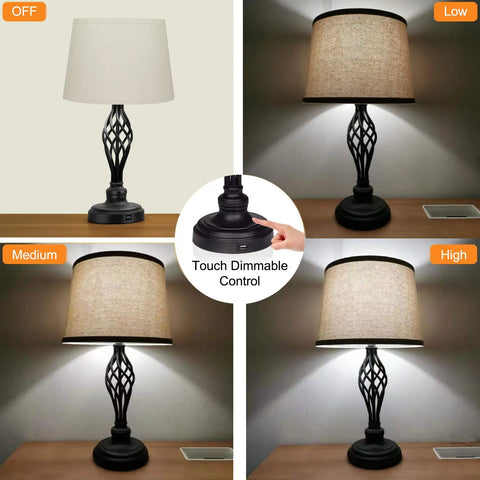 Two Pack Of 3 Way Dimmable Touch Lamps With USB Port And AC Outlet shown in off, low, medium, and high brightness settings