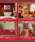 Festive rug arrangement in bathroom, living room, entry, and kitchen with holiday decor and seasonal themes.