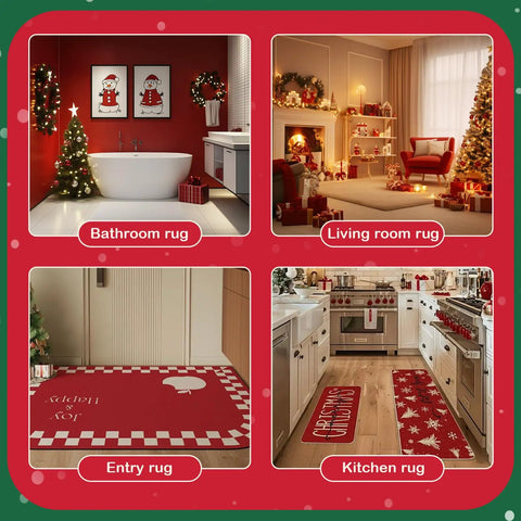 Festive rug arrangement in bathroom, living room, entry, and kitchen with holiday decor and seasonal themes.