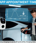 Person using Level 2 EV Charger 240V 48A J1772 Electric Vehicle Charger With NEMA 14-50 Plug And Tesla Adapter App Control RFID Card WiFi 24Ft Cable Indoor Outdoor Fast Charging Station with app appointment feature and utility peak hours graph displayed on a screen.