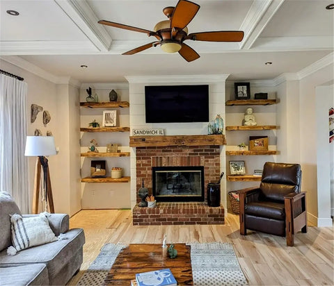 Living room featuring 4 Pack Heavy Duty Floating Shelf Brackets Four Inch Black Metal L Brackets For Wall Mounting.