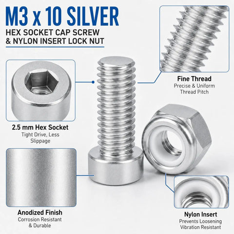 Rock Solid Heavy Duty M3 10mm Socket Cap Screws Paired With M3 Nylon Locknuts 10 Piece Pack showing hex socket cap screw and lock nut.