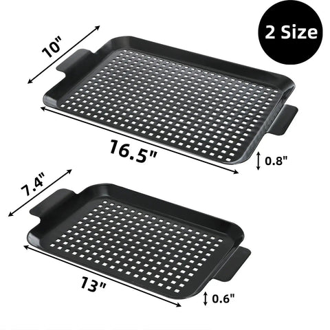 Heavy Duty Nonstick Grill Pan Set For Outdoor Barbecue Cooking Includes Two Durable Carbon Steel Trays, sizes 16.5x10 and 13x7.4 inches.