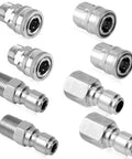Set of 8 stainless steel 1/4in pressure washer adapters with male and female quick-connect fittings.