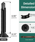 Top Shelf Black Serrated Self Drilling Screws Eight By One Inch Tough As Nails 410 Stainless Steel Fasteners With Included Drill Bit size dimensions and cross wrench detail.