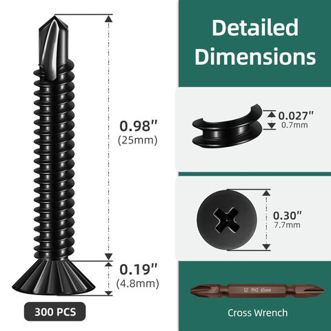 Top Shelf Black Serrated Self Drilling Screws Eight By One Inch Tough As Nails 410 Stainless Steel Fasteners With Included Drill Bit size dimensions and cross wrench detail.