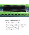 Close-up of 48 Pin Breakout Board for Teensy 3.5 3.6 4.1 with screw terminals, showing pin pitch 3.81mm and specs.