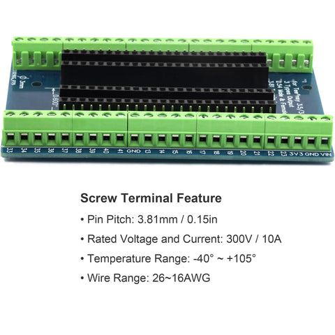 Close-up of 48 Pin Breakout Board for Teensy 3.5 3.6 4.1 with screw terminals, showing pin pitch 3.81mm and specs.