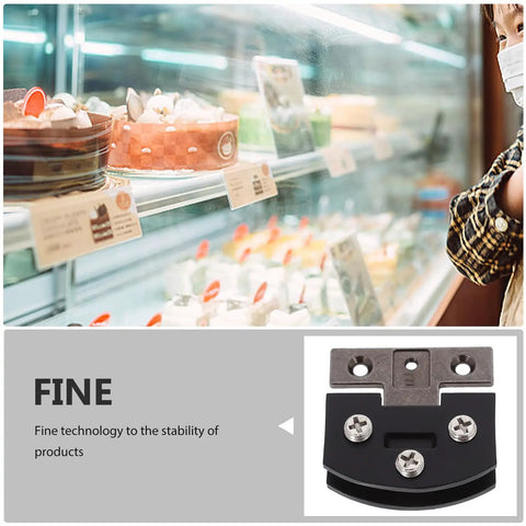 Hassle Free Adjustable Glass Cabinet Hinges For Tempered Frameless Doors With No Mess Install In Matte Black Finish Heavy Duty Design For Wine Cellars And Showcase Shelving, shown in detail with screws.